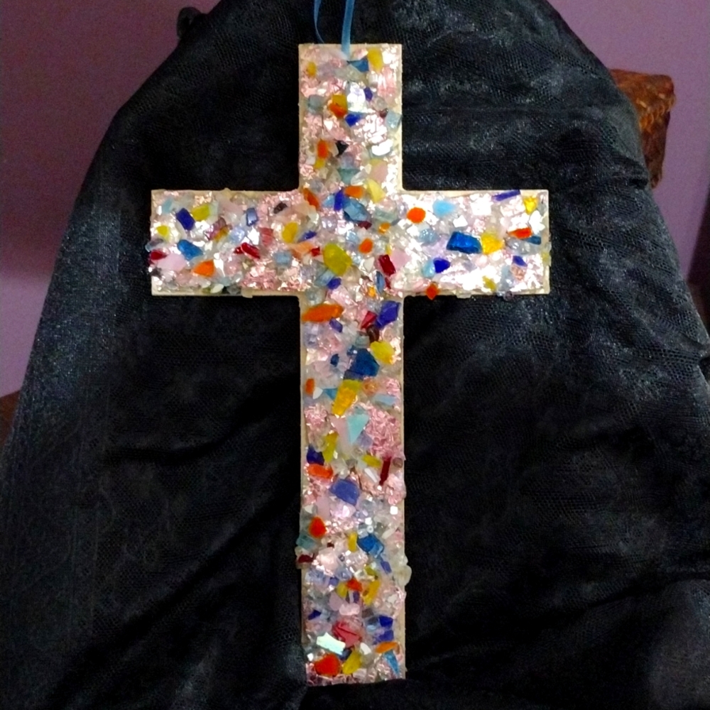 mosaic reflective and stained glass cross